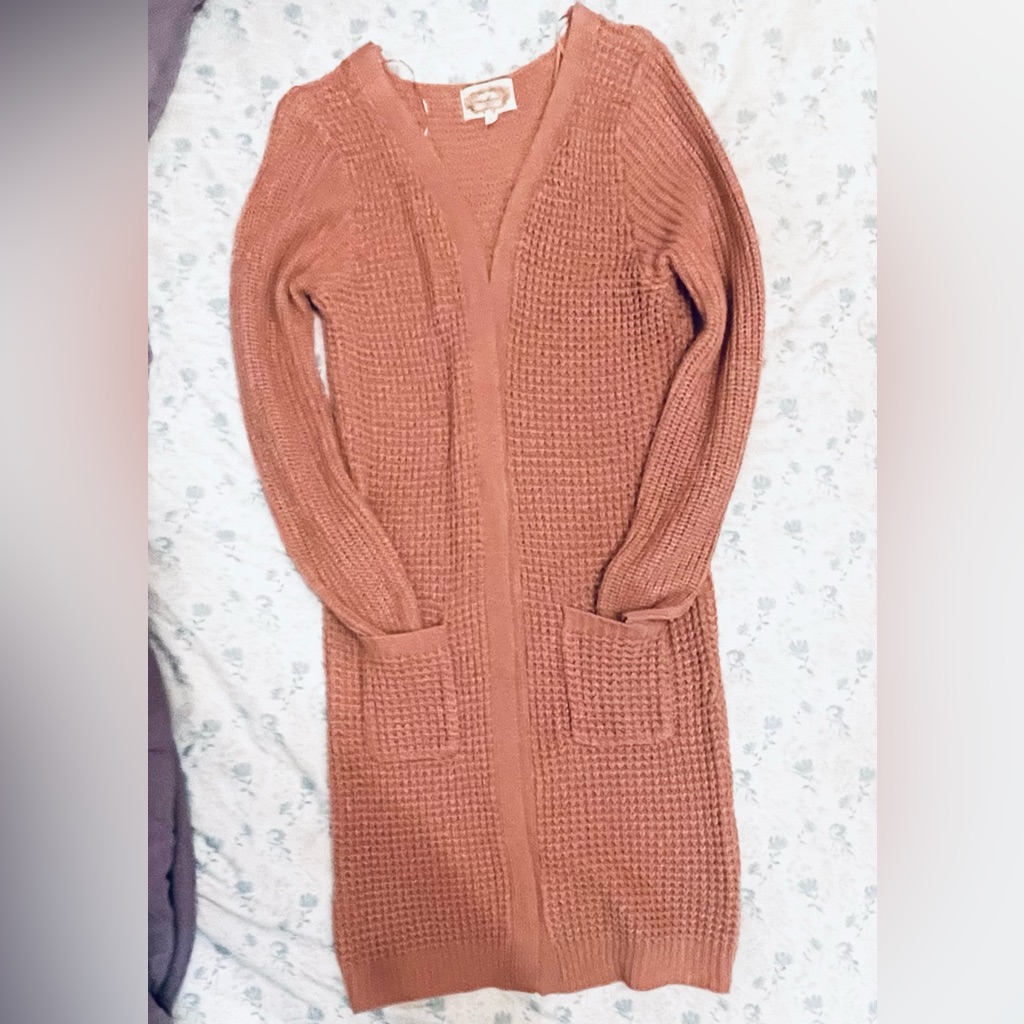 Ambiance Long Open-Front Waffle Knit Cardigan In Rust